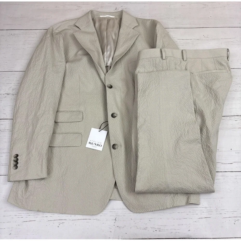 Atelier Munro Suit Mens 46S 42x27 Beige Seersucker Cotton Stretch 2 Pc Subalpino